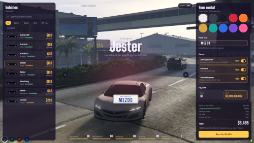 More information about "Mezos Rental Give players a polished way to browse, customise, rent, drive and return vehicles without turning your server into a paperwork simulator."